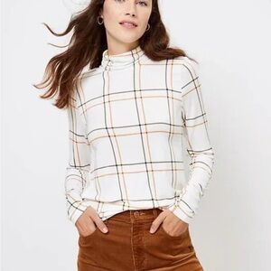 LOFT Plaid Modern Turtleneck Long Sleeve Top - White and Brown